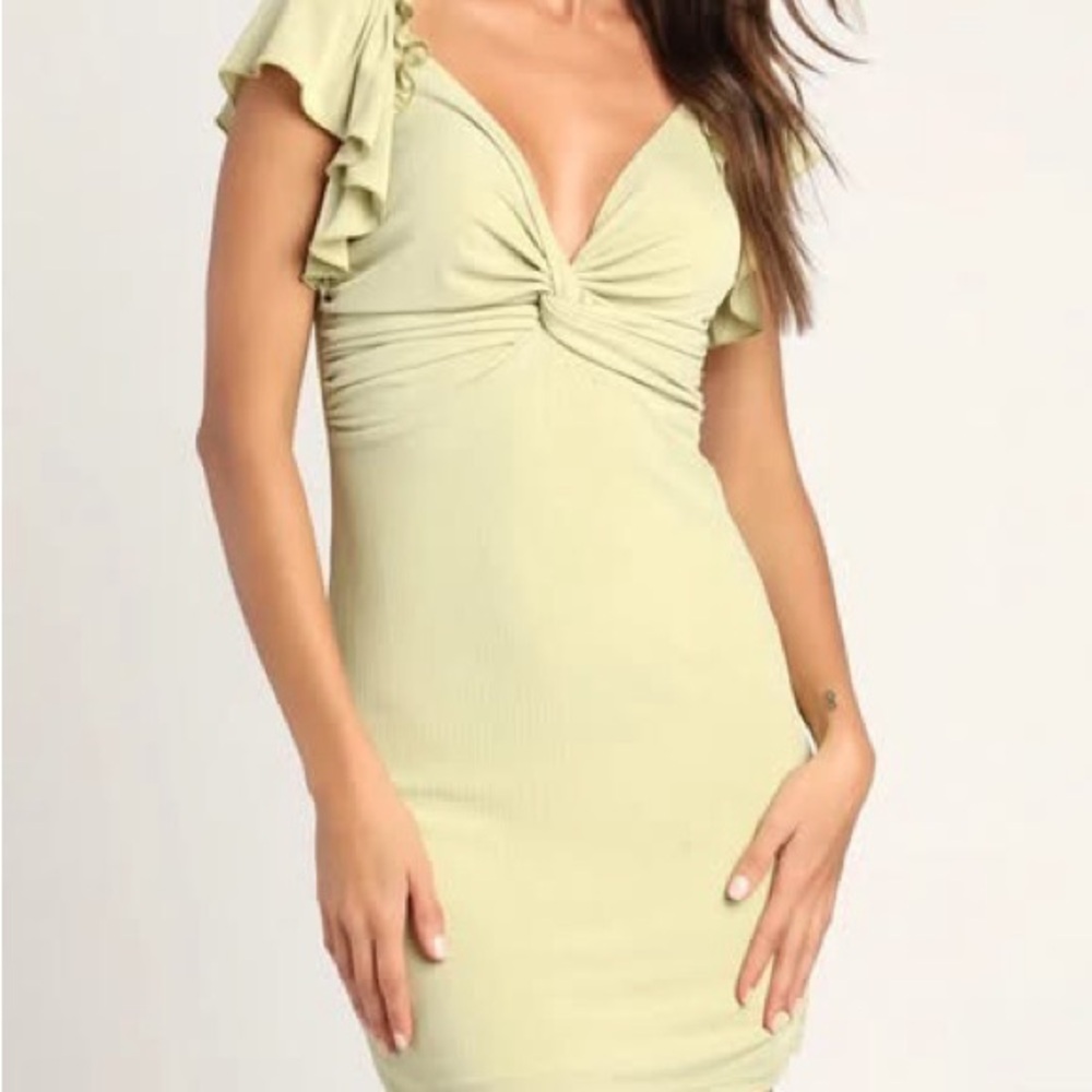 NWT Lulu's Crushing on Cute Sage Green Flutter Sleeve Mini Dress